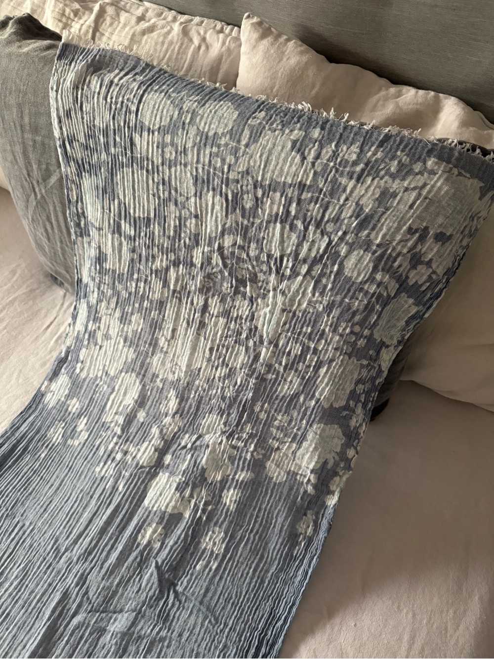 Gossamer pleats in an eye-catching blue-grey fine cotton scarf/wrap. 23”x70” - Picture 3 of 5